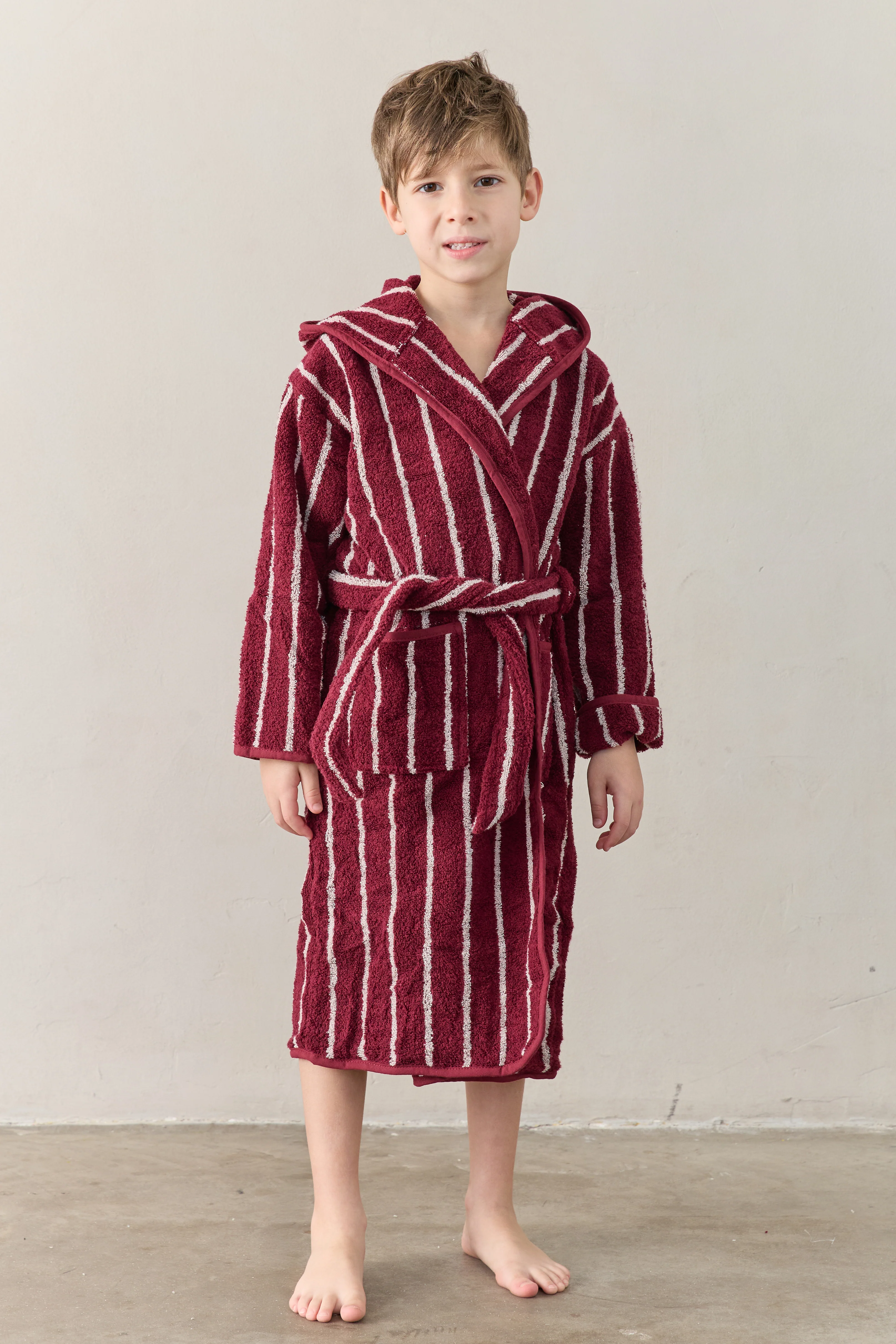 חלוק רחצה פסים ילדים Burgundy White - Image 2